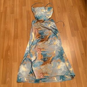 12th Tribe blue and brown watercolor, marble cut out dress, size S